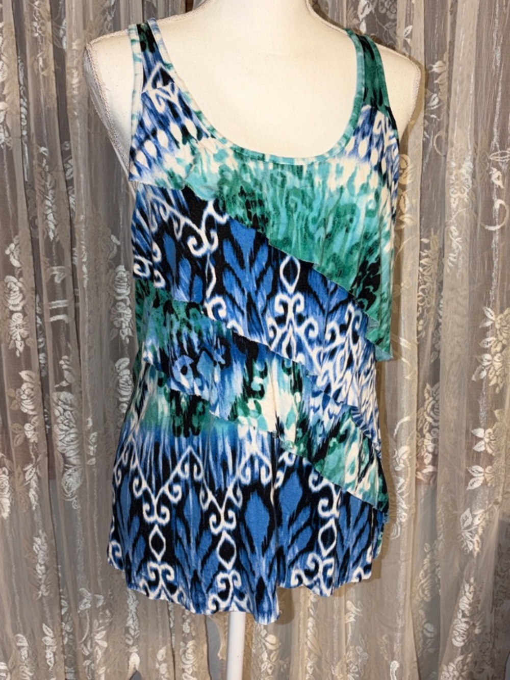 Iz Byer Blue & Green Patterned Layered Tank Top